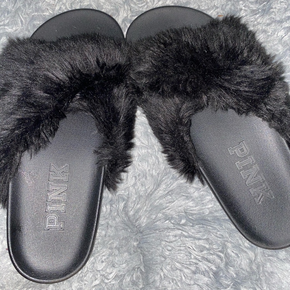 PINK faux fur fluffy fuzzy slipper slide sandals